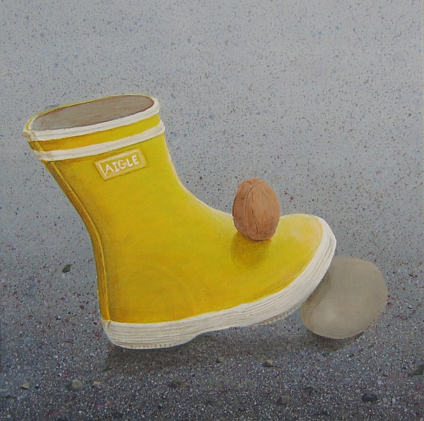 Bottine caoutchouc jaune, noix et galet, une tude de matires sur fond de goudron cours d'cole.  Acrylique sur toile,  novembre-dcembre 2004