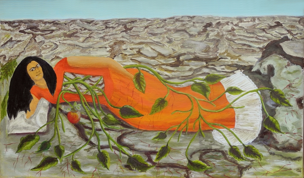 Racines de Kahlo Frida.  Copie, exercice interprtation pomme par Claudia Guillemin,  Gisancourt 27720,  expos  la fte de la peinture dpartement de l'Eure